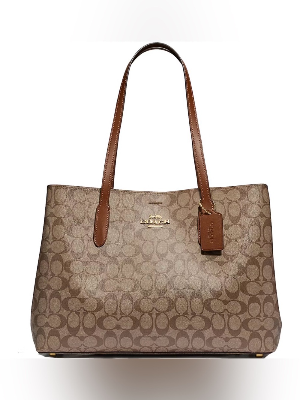 Coach Signature Canvas Gallery Tote Bag in Brown Leather Trim (with Charm)